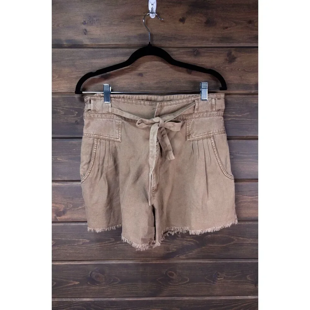 Free People FP One Brown Cotton Raw Hem Tie Waist Shorts Size 12 Boho Utility